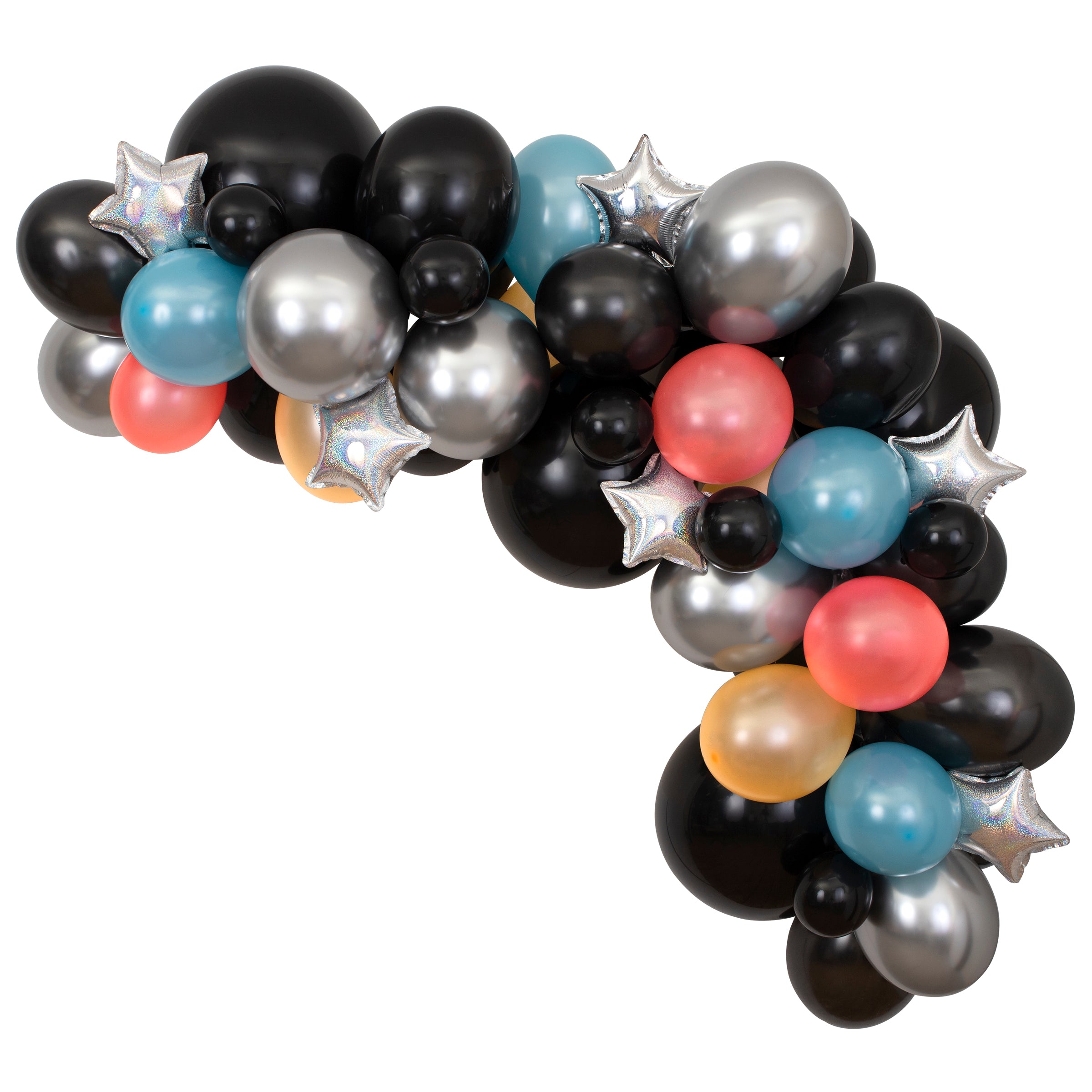 Our balloon kit is an easy way to create a colourful balloon garland, with black balloons, star balloons, foil balloons and metallic balloons.