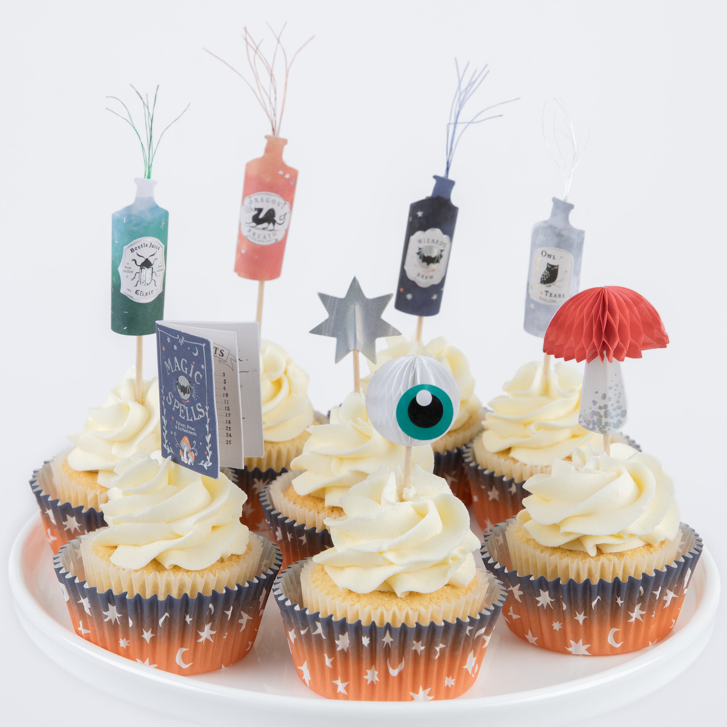 Our magic party cupcake toppers and paper cupcake cases are perfect for a Halloween party for kids, or a wizard party or witch party.
