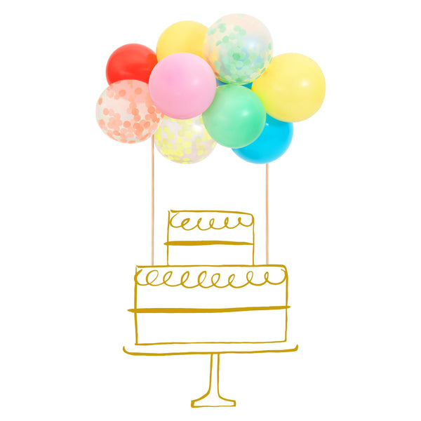 This cake topper kit includes bright balloons, confetti balloons, 2 wooden skewers, a balloon strip and an instruction sheet. Image4