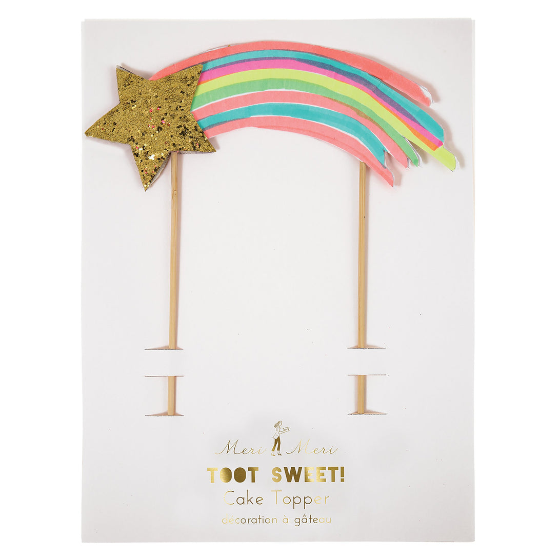This shooting star cake topper, with neon print and gold glitter detail, is a wonderful cake decoration.