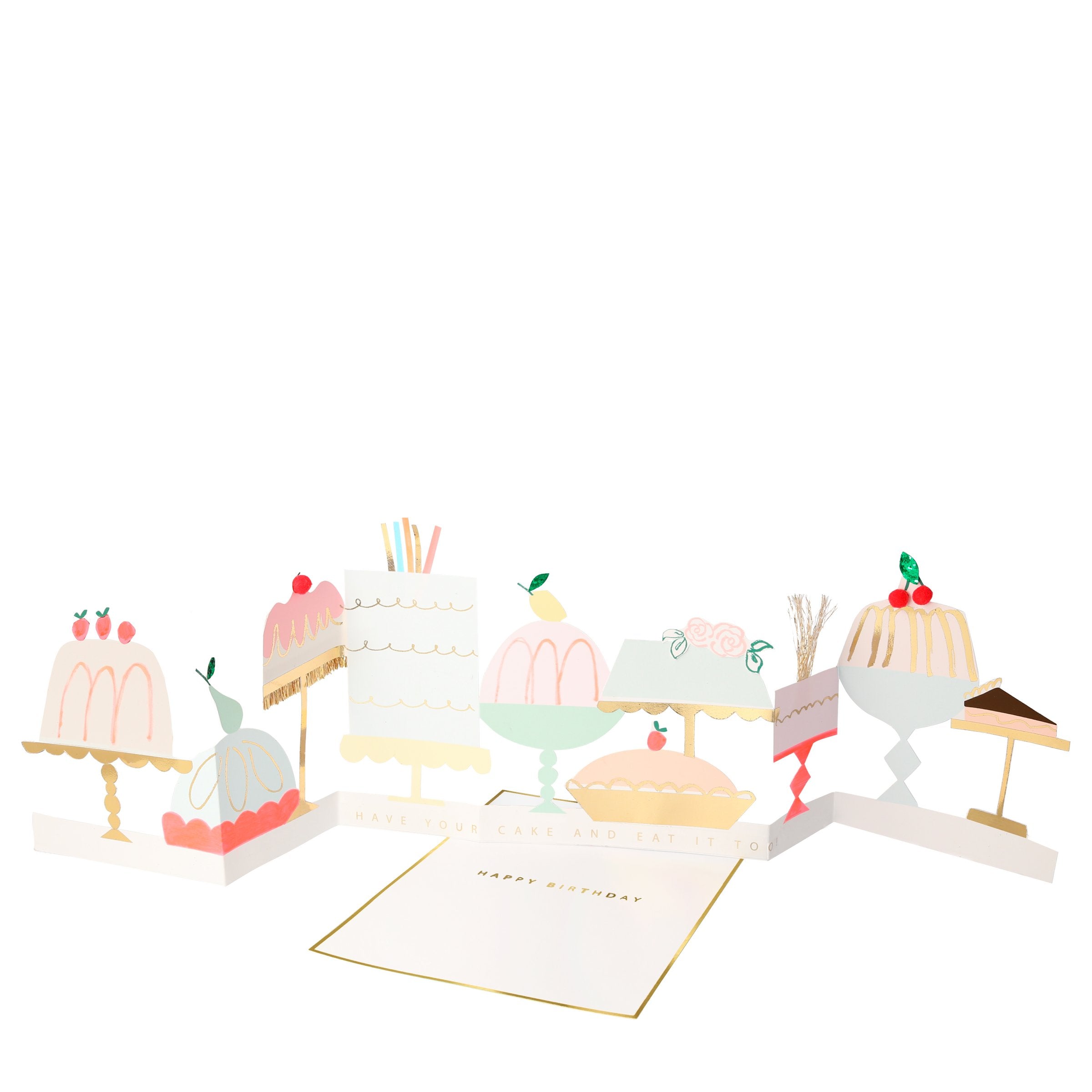 Our 3D birthday card features cakes with pompom embellishments.