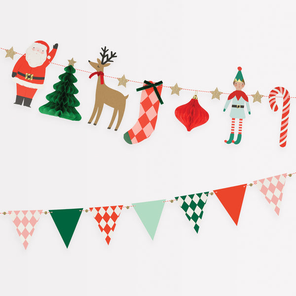 Our party garland, featuring Christmas characters, jingle bells and colourful flags, is the perfect glitter garland.