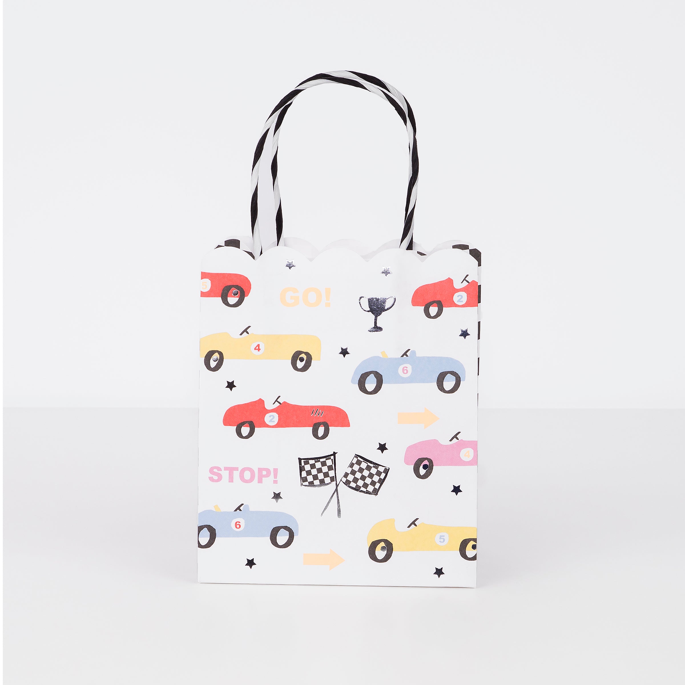 These colourful race car paper bags are great to fill with party favours for a race car birthday party.