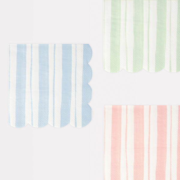 These paper napkins feature a blue, pink and green striped ticking design.