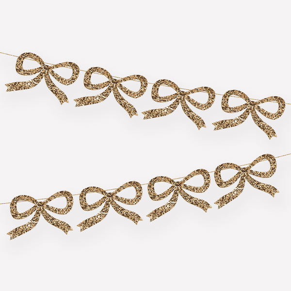 Our Christmas garland is crafted with gold glitter fabric bows, perfect for a Christmas wall decoration or Christmas table decoration.