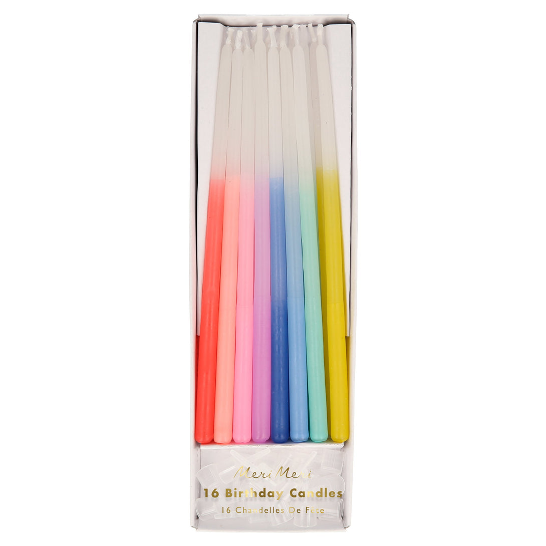 The tapered candles have 8 different colours dipped at the ends for a rainbow effect.