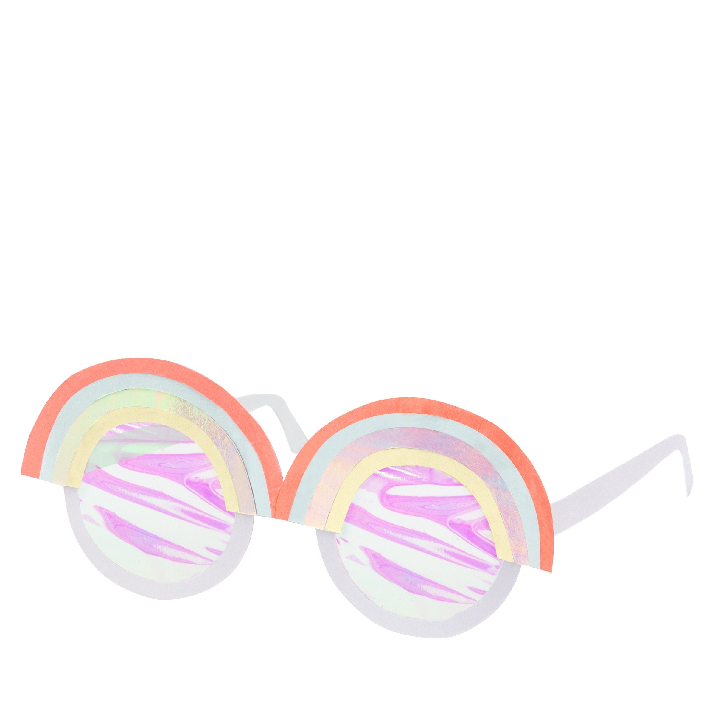 These fun rainbow glasses have iridescent lenses, and neon and holographic print detail.