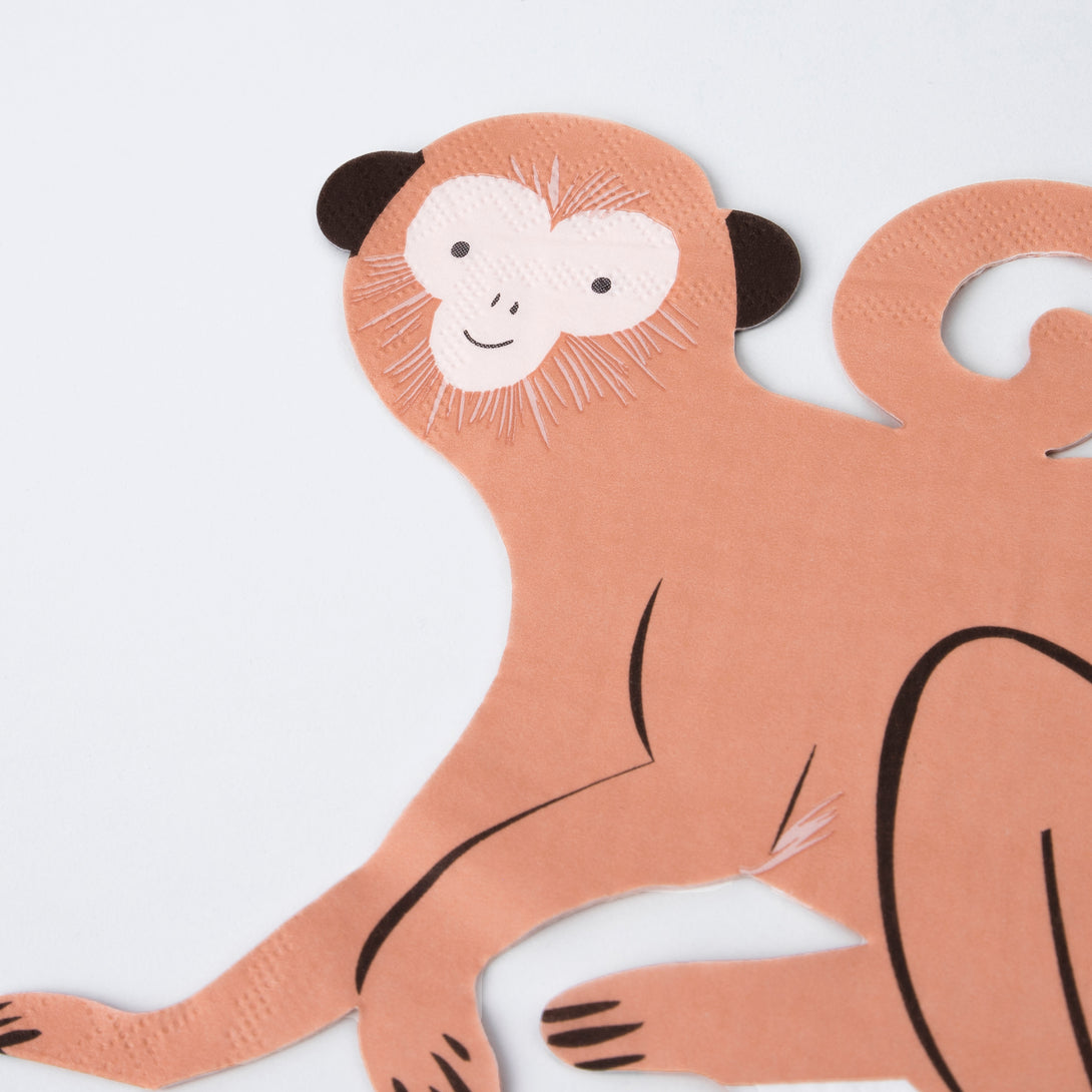 Our party napkins, crafted in the shape of a monkey, are ideal for a jungle birthday party or safari party.