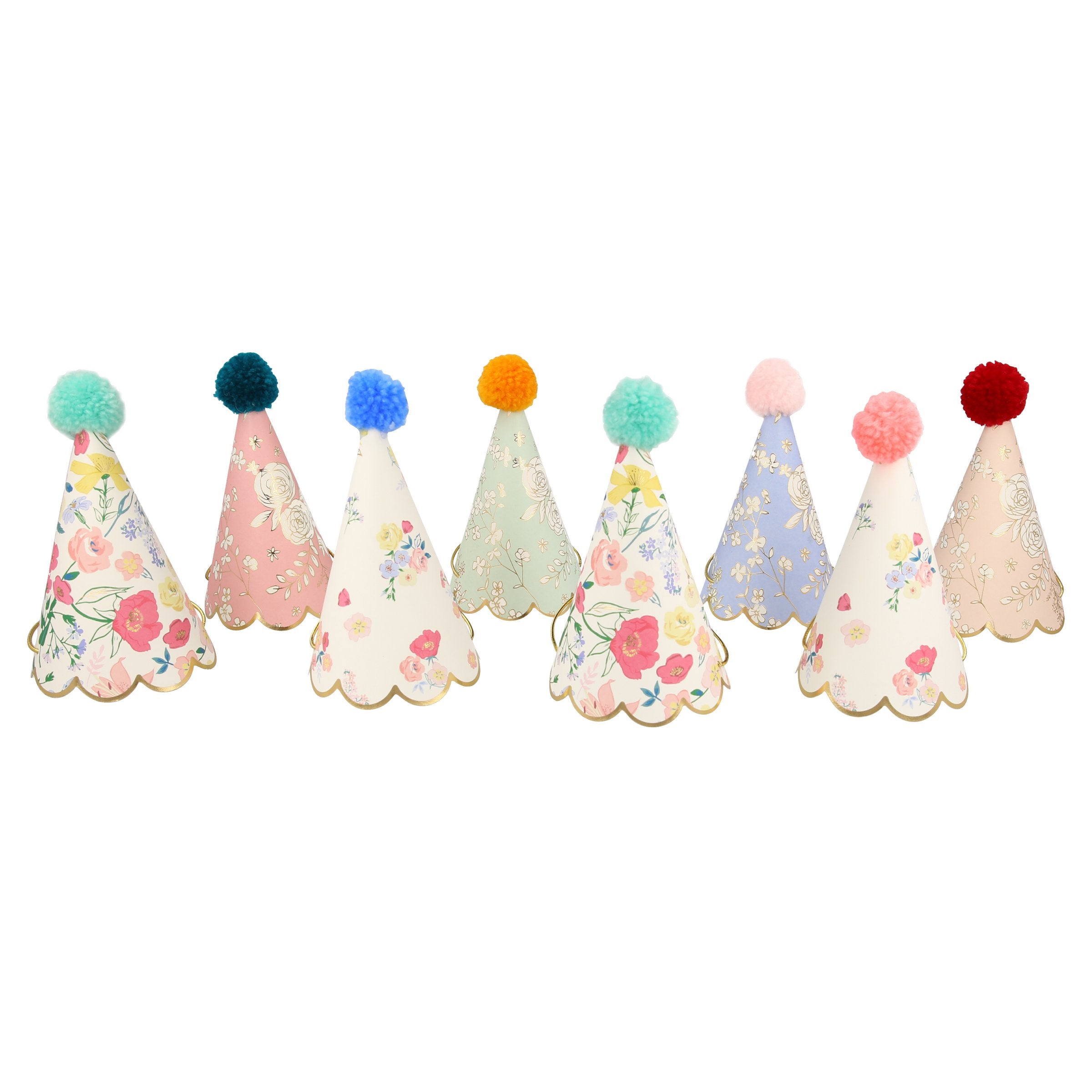 Make your party guests look amazing with our paper hats with floral designs and bright pompoms.