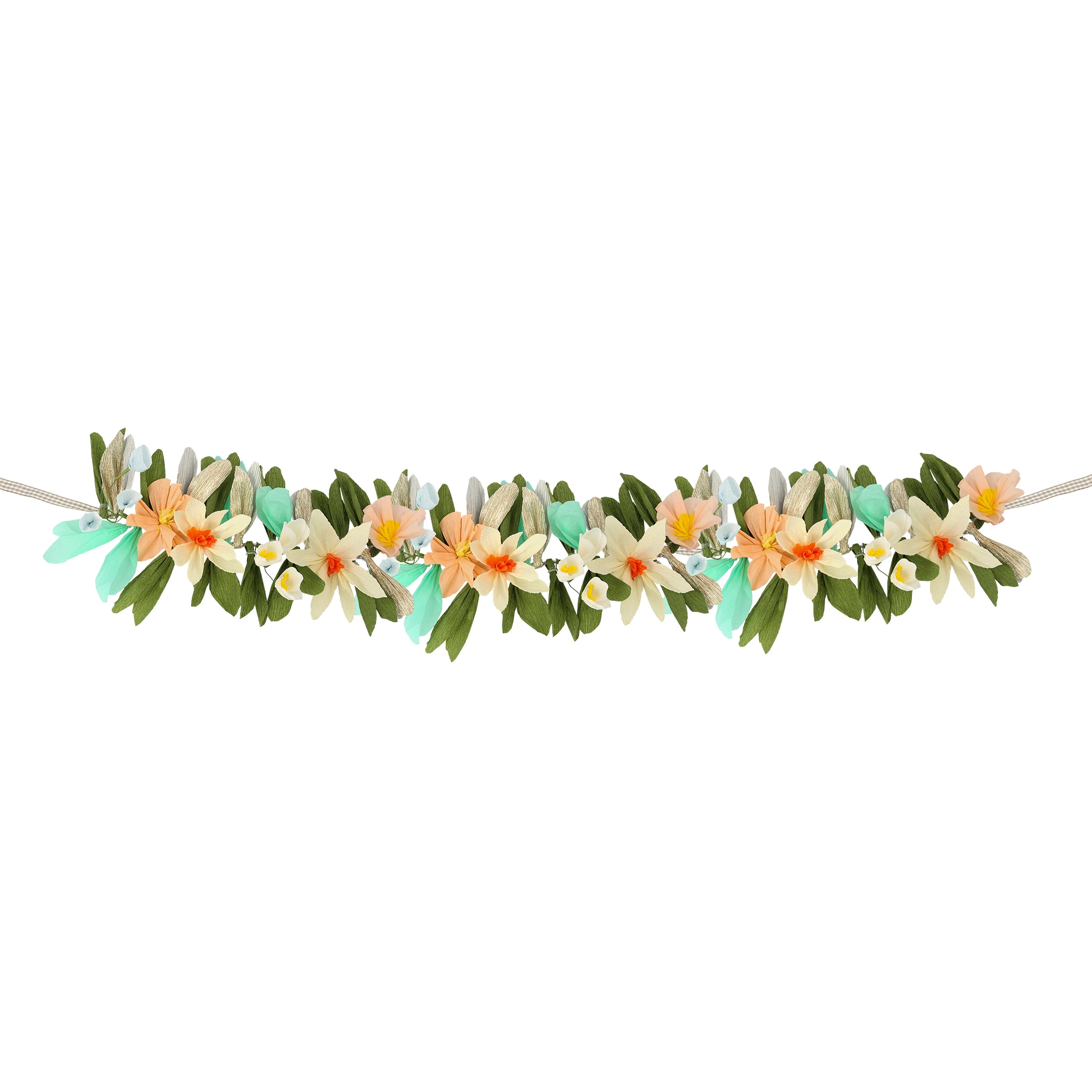 Our beautiful paper flower garland is made with crepe paper flowers and leaves and has a gorgeous gingham ribbon.