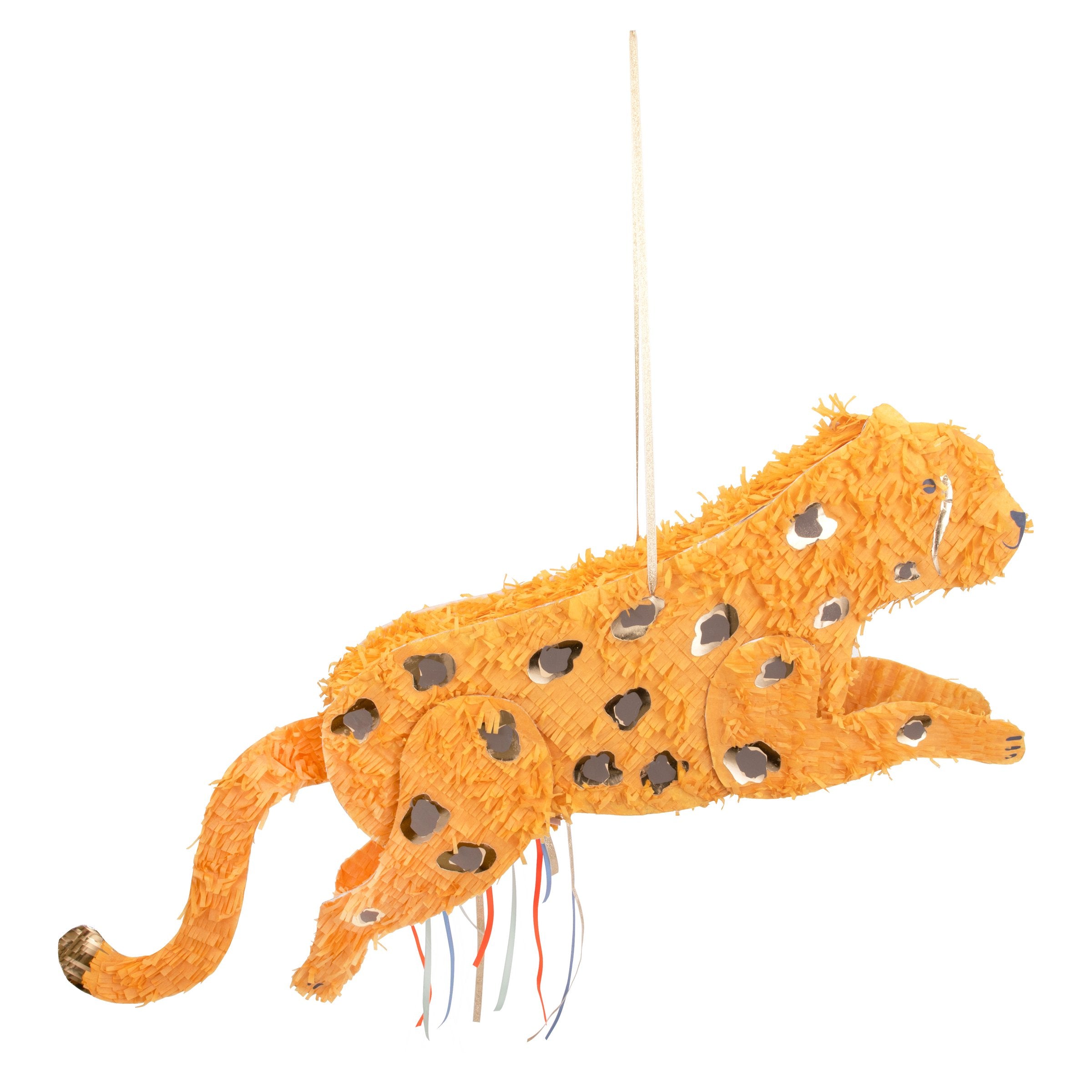 Add fun to your safari party theme with our cheetah piñata crafted with colourful ribbons, ready to fill with your own sweets and treats.