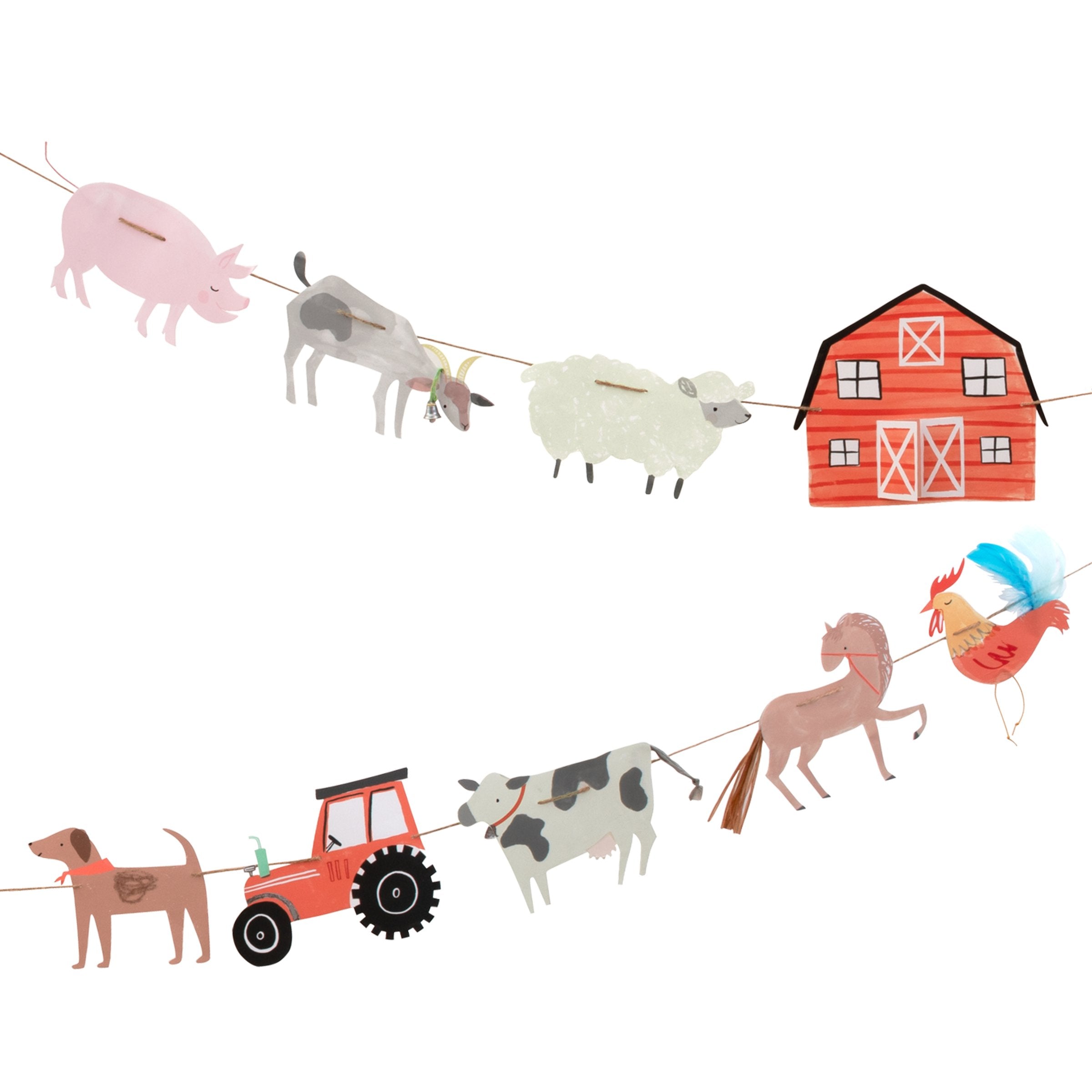 Our long party garland, featuring a tractor and farmyard animals, is perfect for a farm birthday party.